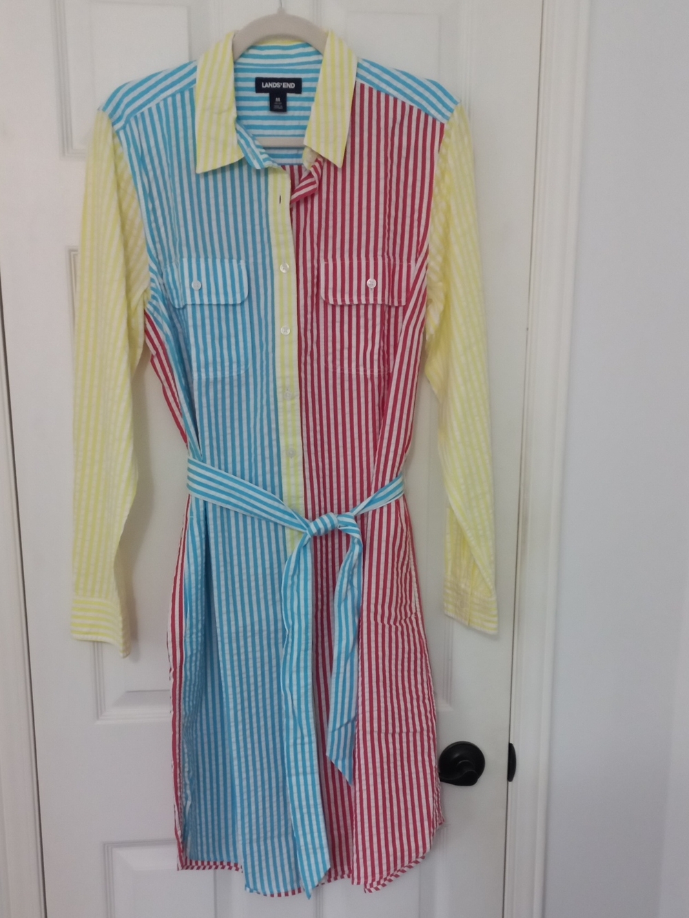 Lands' End Multicolor Striped Shirt Dress in Blue, Red & Yellow